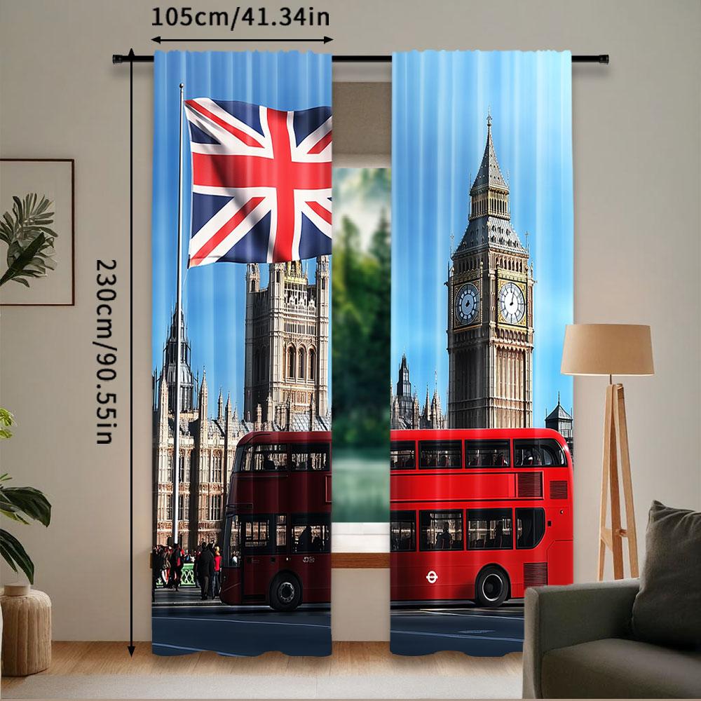 2 Pezzi Tenda Sfondo Strada di Londra Big Ben Bandiera Britannica Edifici del Parlamento Inglese Per Soggiorno Camera da Letto
