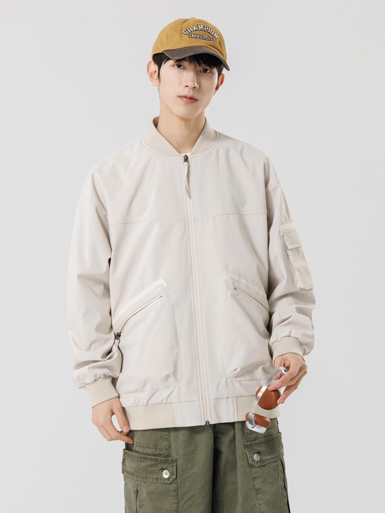 2025 Japanese Trendy Men's Retro Loose Stand Collar Bomber Jacket - Spring Casual Drop Shoulder Workwear Style.