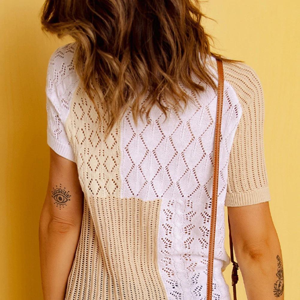 Summer Women Fashion Color Stitching Knitted T-shirt Loose Hollow Casual Tee