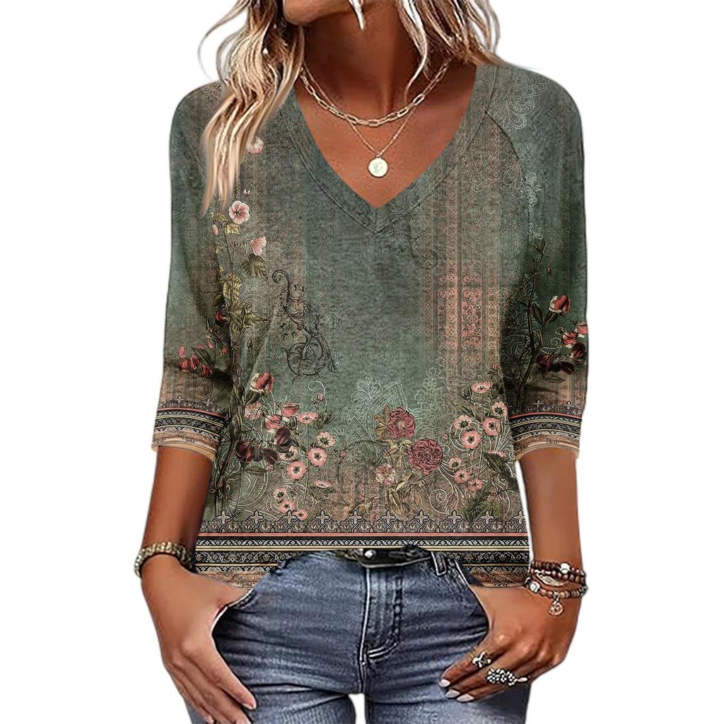 Women's V Neck 3/4 Sleeve Tops Casual T Shirts Basic Summer Tees Loose Fit Fall Pullover Tunic
