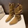 Premium Spice Girls Pointed Martin Boots Women's Autumn and Winter New Thick Heel Pleated Pile Medium Boots British Skinny Boots