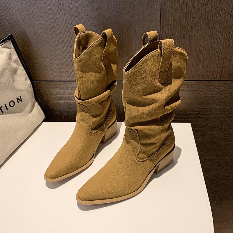 Premium Spice Girls Pointed Martin Boots Women's Autumn and Winter New Thick Heel Pleated Pile Medium Boots British Skinny Boots