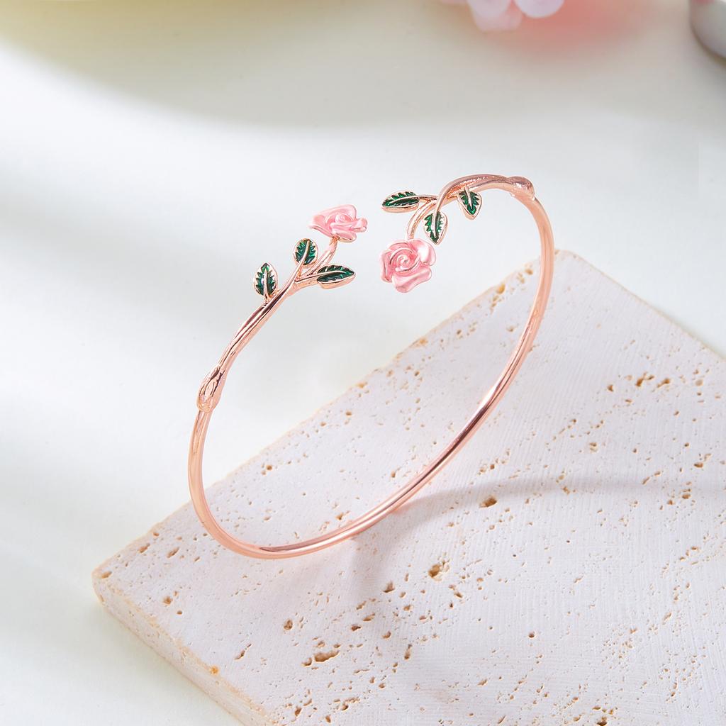 Neues Retro Drip Oil Rosenblüten Armband Ring Set für Damen Vintage Einfach Goldfarbe Offener Armreif Party Hochzeit Schmuck Geschenk
