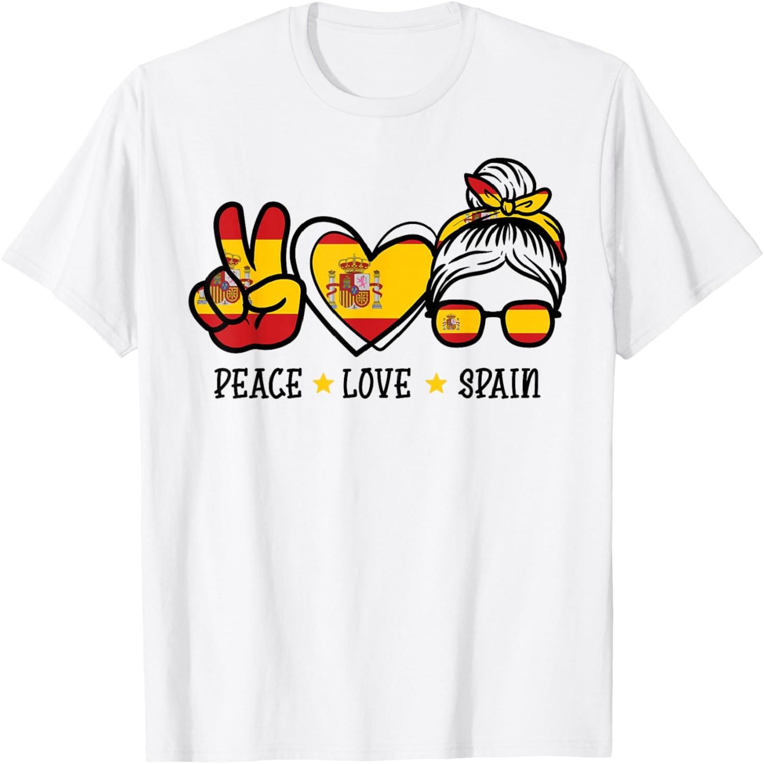 Peace Love Spain Messy Bun Spanish Soccer Fan Women Girls T-Shirt S