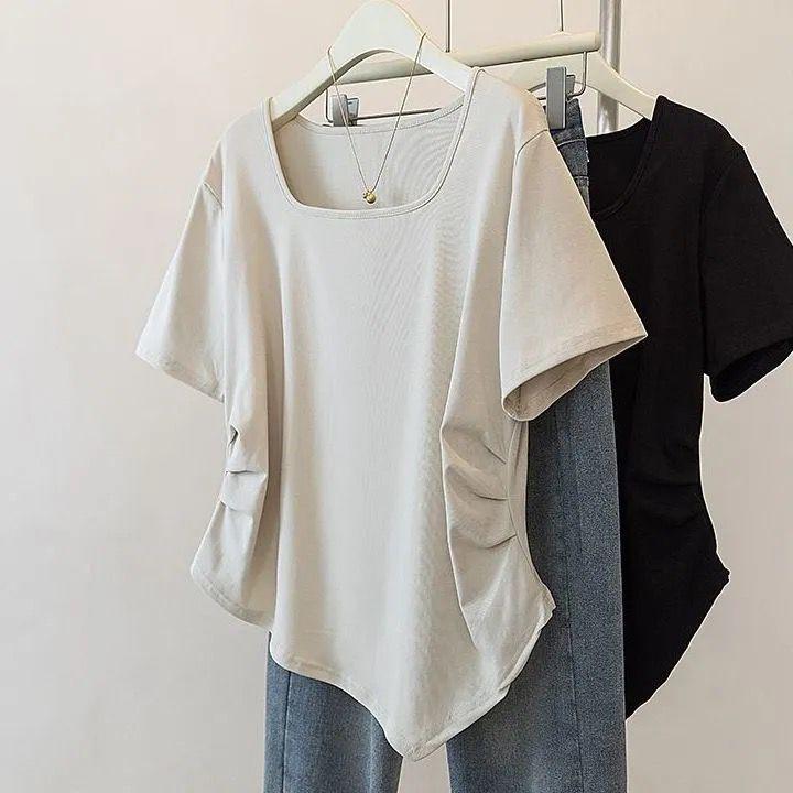 Women's Square Neck Short Sleeve Tee Irregular Hem Slim Fit Ruched Solid Color Commuter T Shirt Plus Size Casual Top