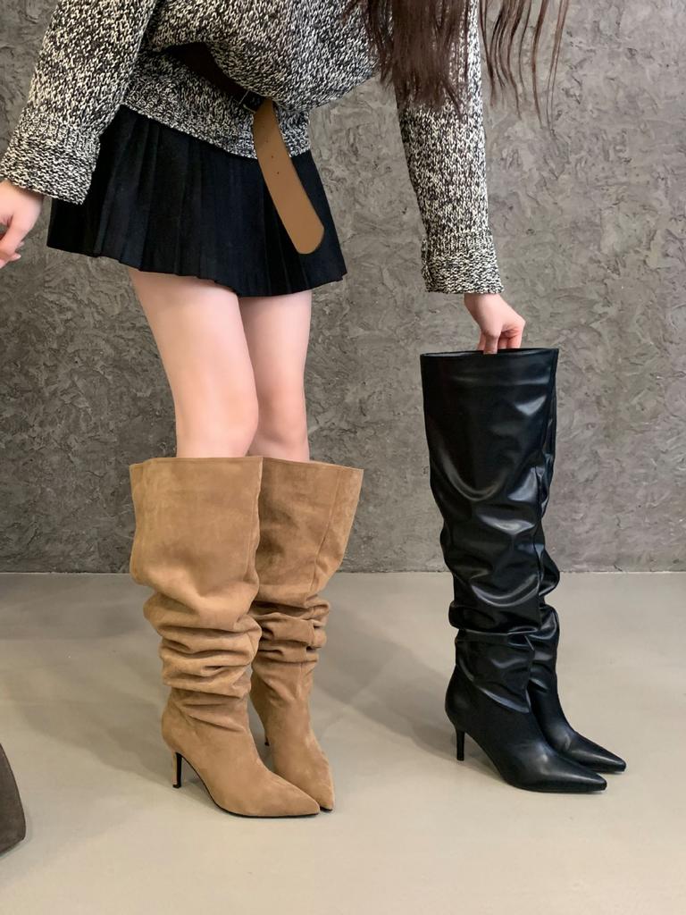 2025 europejskie i amerykańskie nowe jesienno-zimowe buty na cienkim obcasie ze szpiczastym noskiem, plisowane buty marszczone, kozaki do kolana, kozaki wysokie, buty damskie