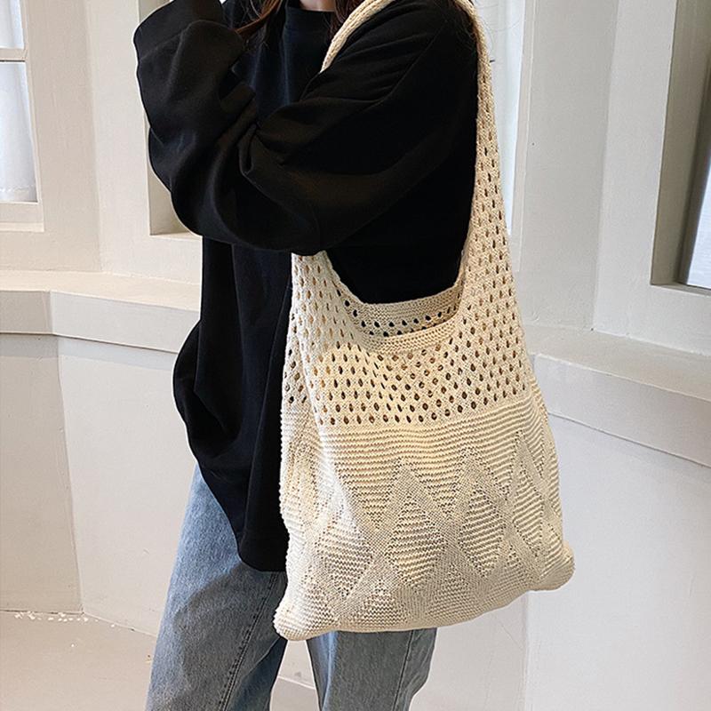 Yogodlns Wool Knitted Shopping Tote Bag for Women Vintage Cotton Girls Shoulder Bag Large Capacity Female Handbag Crochet Bag