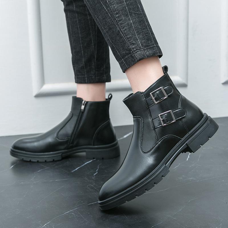 Men's High-Top Plus Size Double Buckle Leather Boots - British Style, Slip-On, Martin Design, Autumn Winter Collection