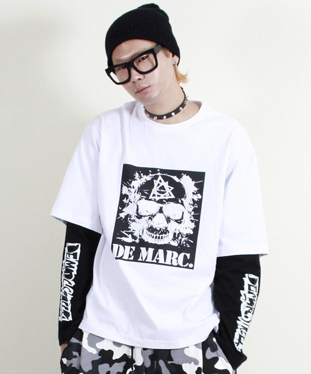 Deumakeu Skull Graphic Double Sleeve Long Sleeve T-Shirt White