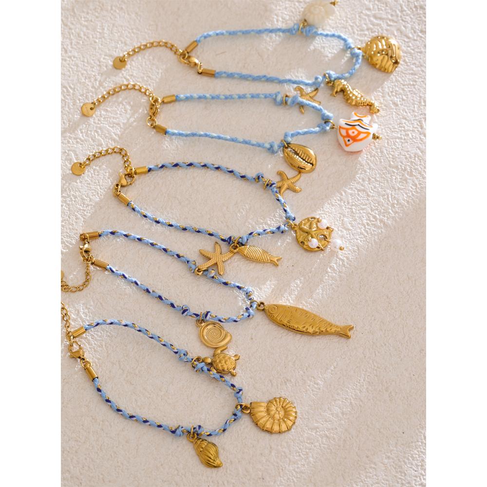 Yhpup Fashion Handmade Jewelry Rope Braided Starfish Shell Fish Drop Bracelet Bangle Oceanic Style Summer Daily Wear Jewelry