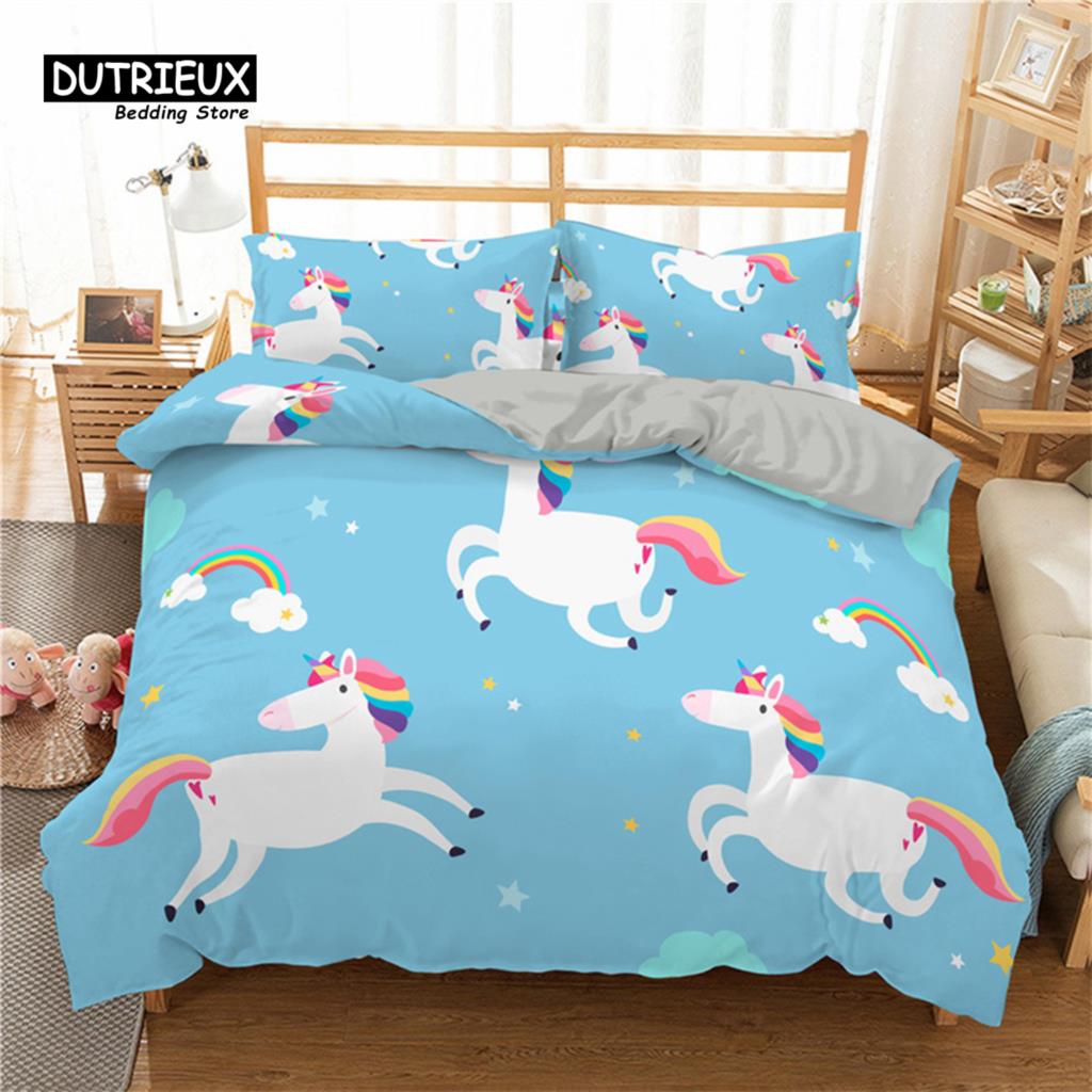 Girls Unicorn Flower Duvet Cover Cartoon Bedding Set Microfiber 3D Print Comforter Cover King Full For Kids Teen Bedroom Decor