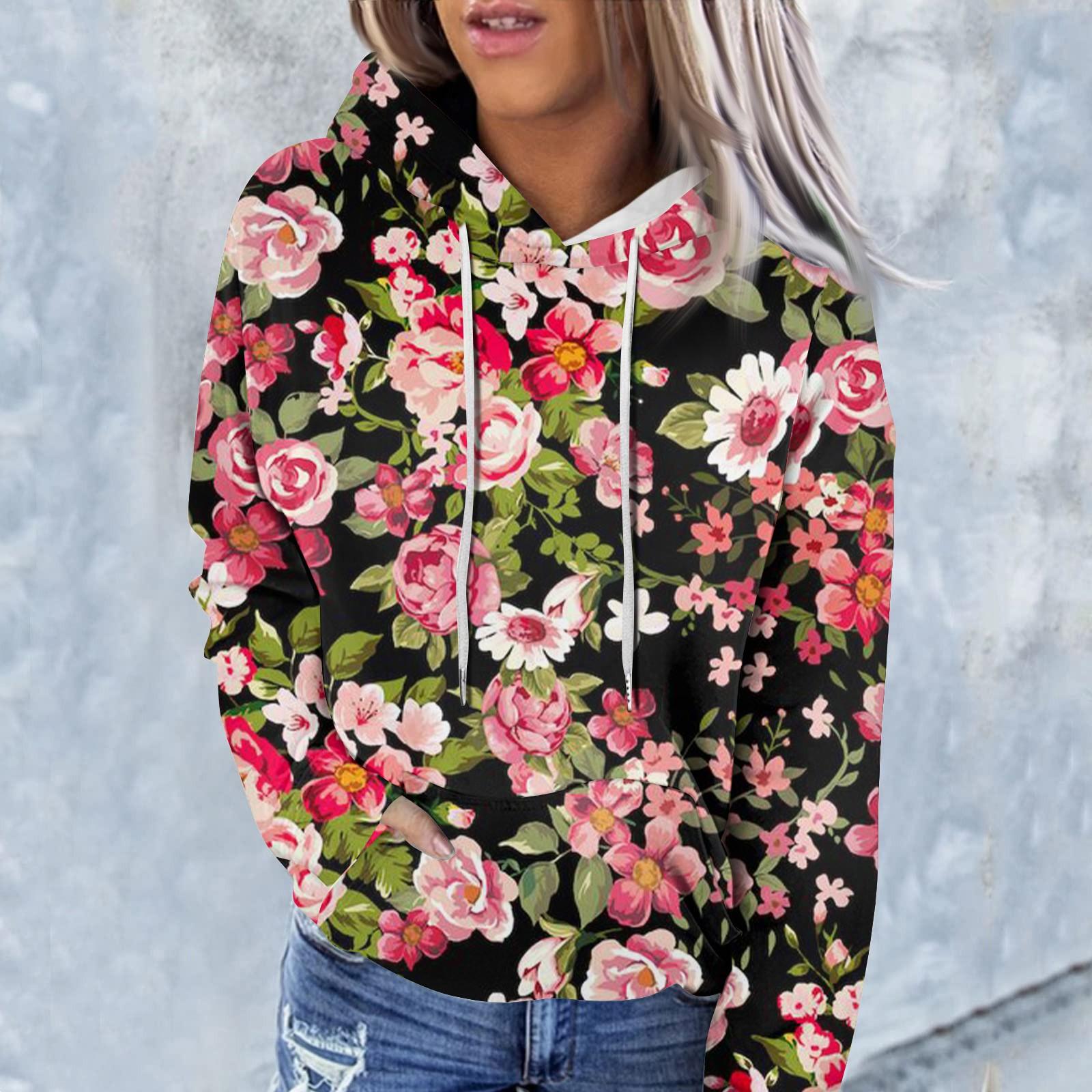 

Женская модная повседневная толстовка с капюшоном и цветочным принтом с длинным рукавом M горячий розовый