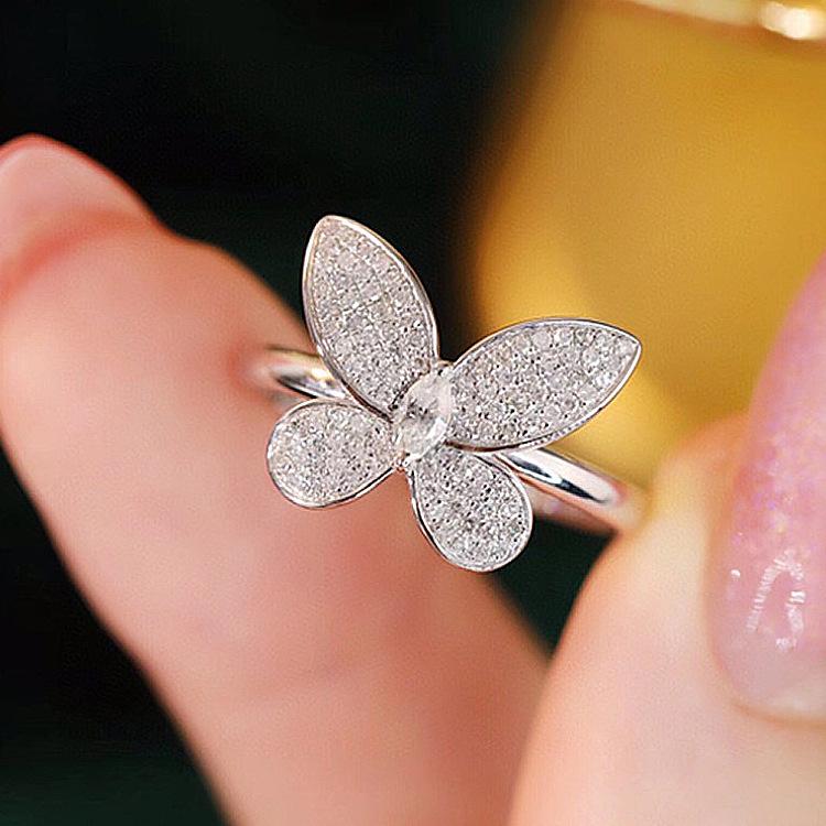 Womens Ring with Leaf Petals Korean Style Luxurious Fully Inlaid Zircon Butterfly Ring