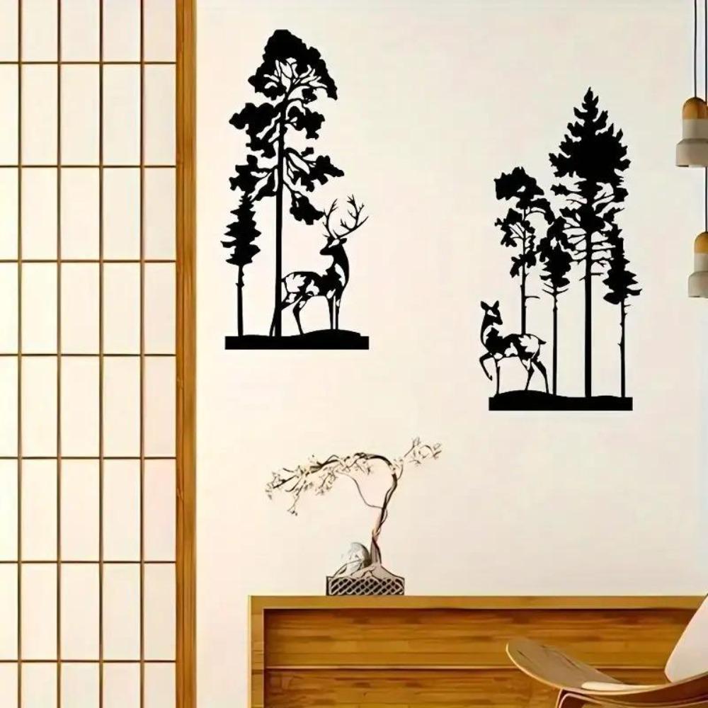 Large Metal Forest Deer Wall Decor with Abstract Oak Tree Rustic Black