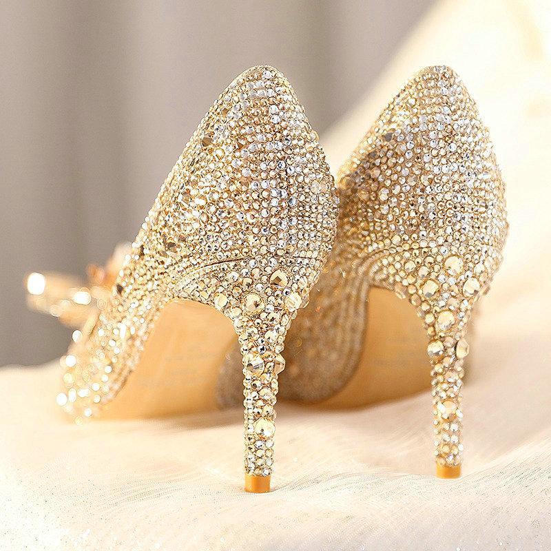Fashion 2025 New Spring And Autumn Bridal Wedding Shoes Rhine-shaped High Heels Female Stiletto Crystal Pumps