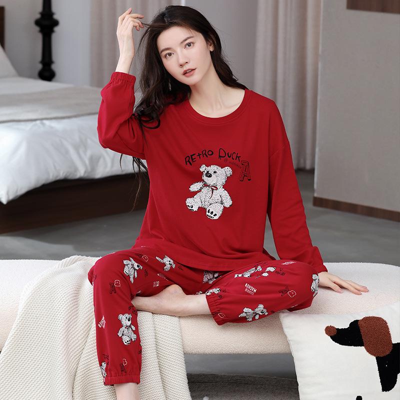 100% Cotton Women's Pajama Set – Breathable, Sweat-Absorbent, Long Sleeve Crew Neck for Indoor & Outdoor Wear (Autumn/Winter)