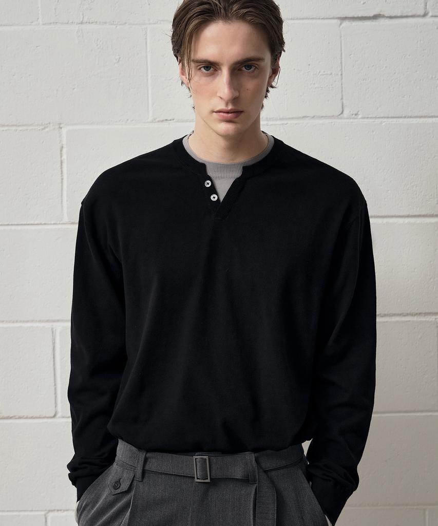 DRAW FIT Double Layered Soft Henley Neck Knit [Black]