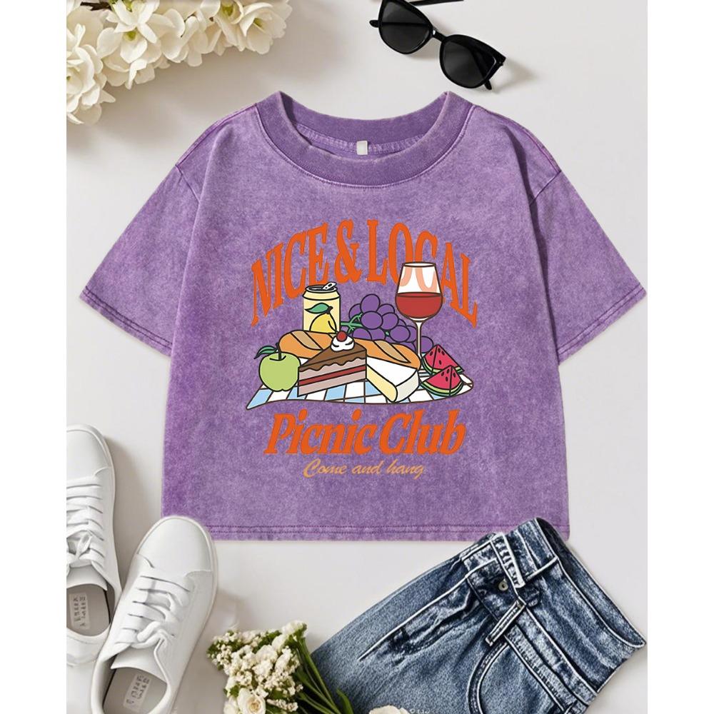 Nice Local Picnic Club Prints Washed Crop T Shirt Women Cotton T-Shirts Cotton Casual Clothes Slim Vintage Short Sleeve