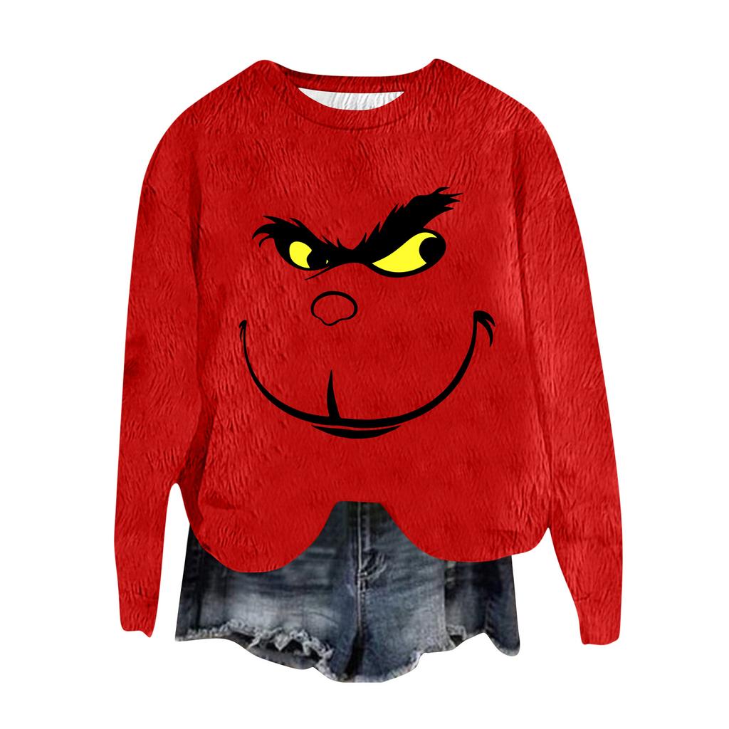 Women's Fashion Round Neck Pullover Top Long Sleeve Tee Christmas Printed Sweatshirt