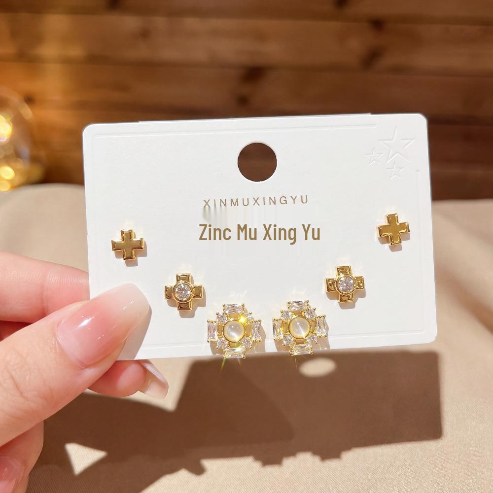 14K Gold-Plated Copper Zircon Stud Earrings Set: 3 Pairs with High-End Fashionable Style for Women Thick Real Gold Plating
