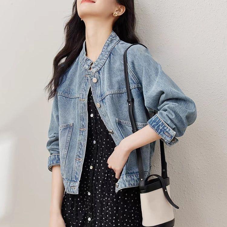 Retro Yıkanmış Denim Kısa Ceket Kadın Sonbahar İlkbahar Dik Yaka Küçük Uzun Kollu