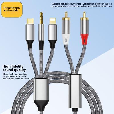 3-in-1 Audiokabel auf 2RCA - iPhone Lightning/Type-C/3,5mm Aux mit Geflechtschirmung & Vergoldung