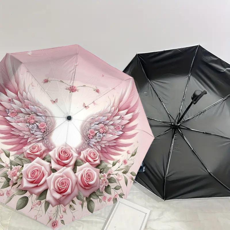 1pc Wings Flowers Automatic Open/Close Umbrella Compact Folding Umbrella with 8-Rib Shaft for Women/Men, Portable Travel Umbrella,1237S