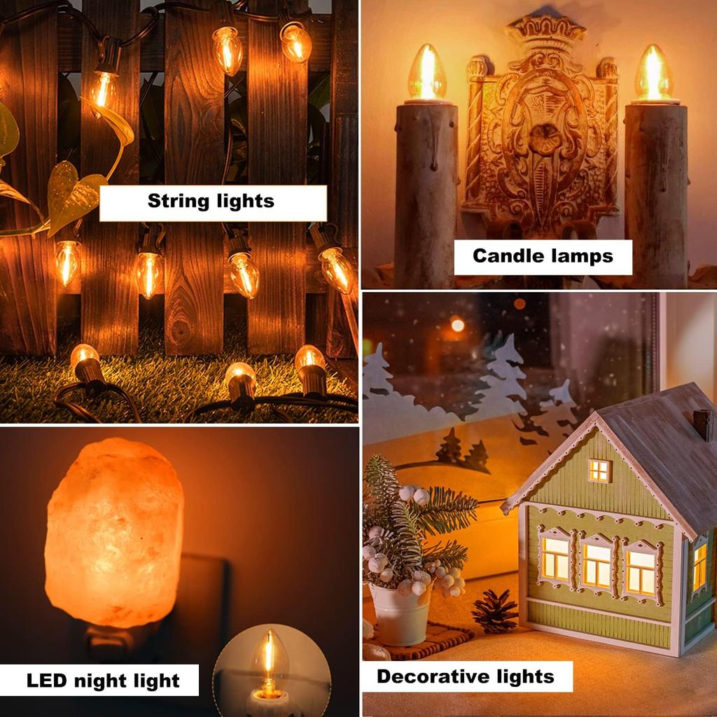 KLY LED Night Light Bulbs, C7 Shatterproof Replacement Led Bulb for String Light, E12 Base Salt Lamp Bulbs, 0.6W Equivalent To 7W, Warm White 2200K,