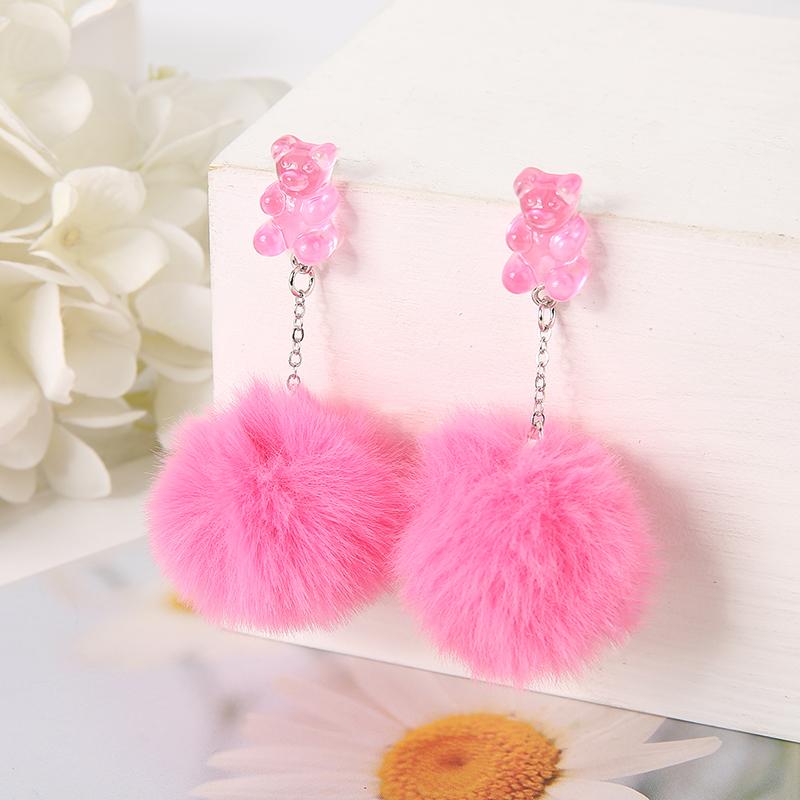 1Pair Cute Pompom Stud Earring Multicolours Resin Candy Bear Charms  With Puffer Ball Fashion Woman Jewelry Birthday Gift