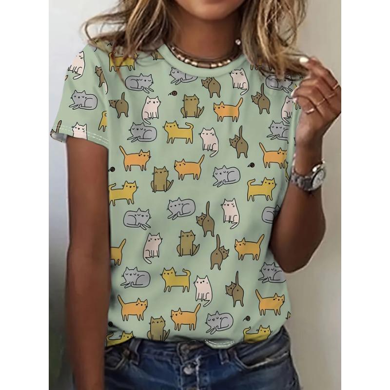 Summer Round Neck 3D Cat Print Top Fashionable Casual Short Sleeved Women's T-shirts