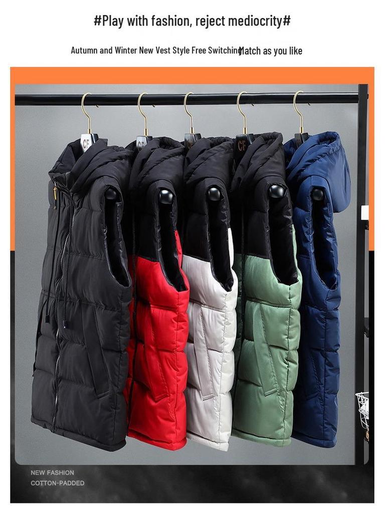Herren Plus Size Color Block Baumwollweste mit abnehmbarer Kapuze - Herbst/Winter Lässige Weste