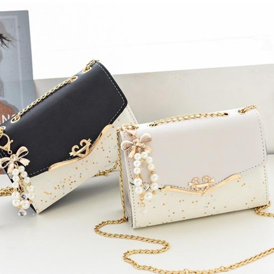 Women Shoulder Bag Faux Pearl Bow Pendant Decor Sequin Hard Shell Faux Leather Crossbody Bag Commuting Travel