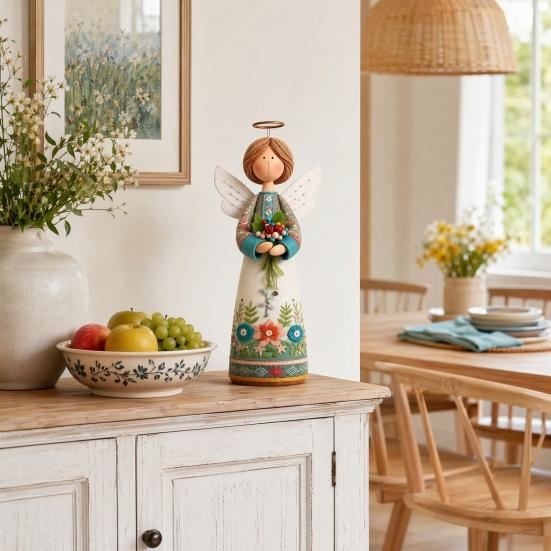Hand-carved Decoration Vintage Floral Figurine Ornament, Hand Carved Flower Angel Statue, Decorative Figure with Wings Home Table for Living