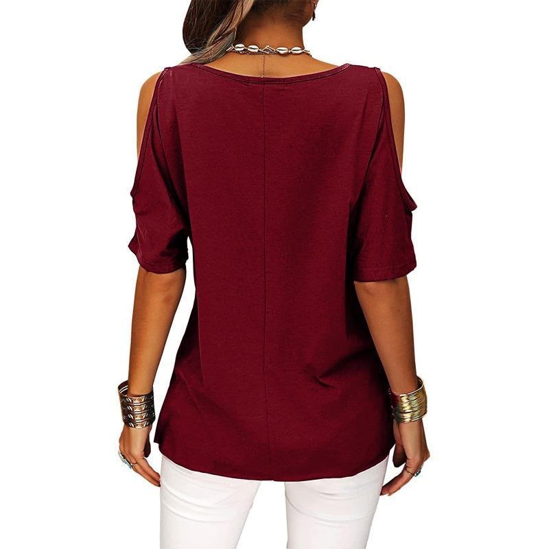 Women Casual Solid Cold Shoulder Loose Short Sleeve T Shirt