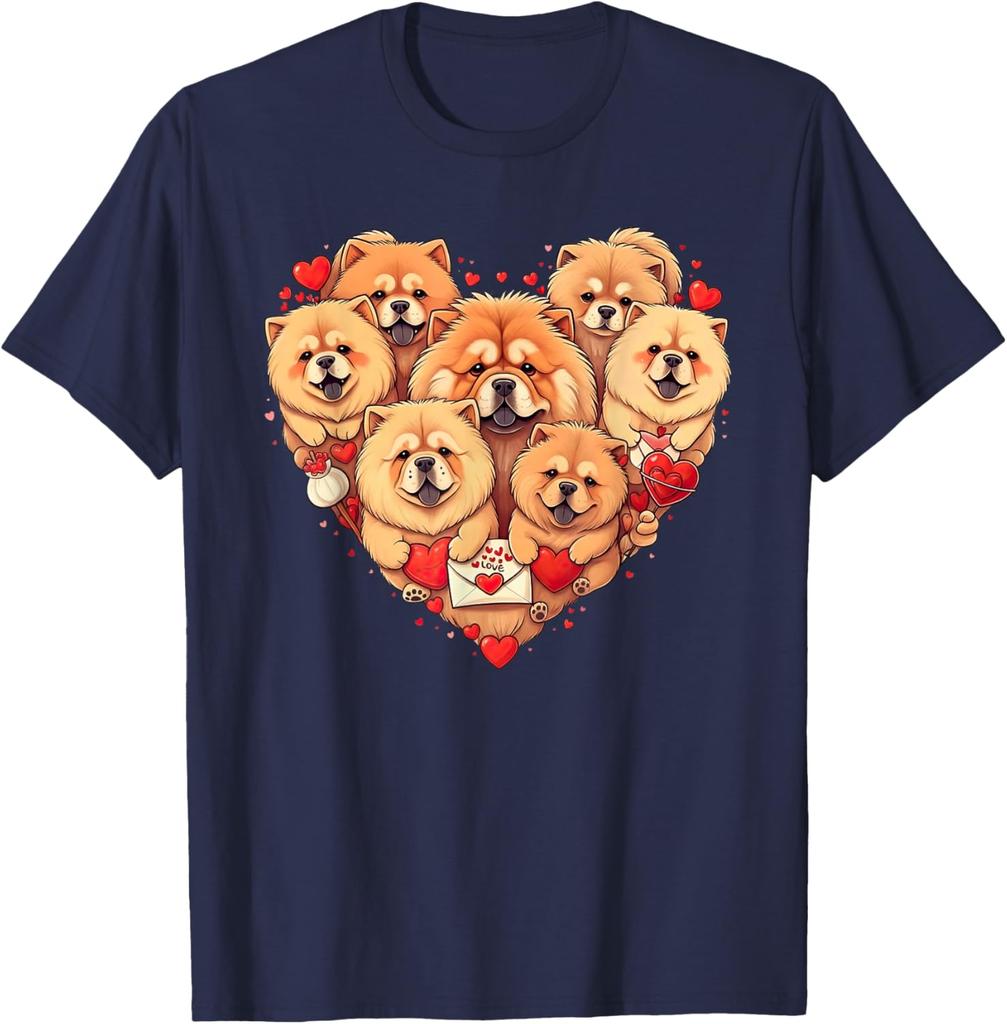 Chow Chow Heart Valentine Dogs Graphic Tee Short Sleeve Crewneck Casual Cotton T-Shirt for Men Women