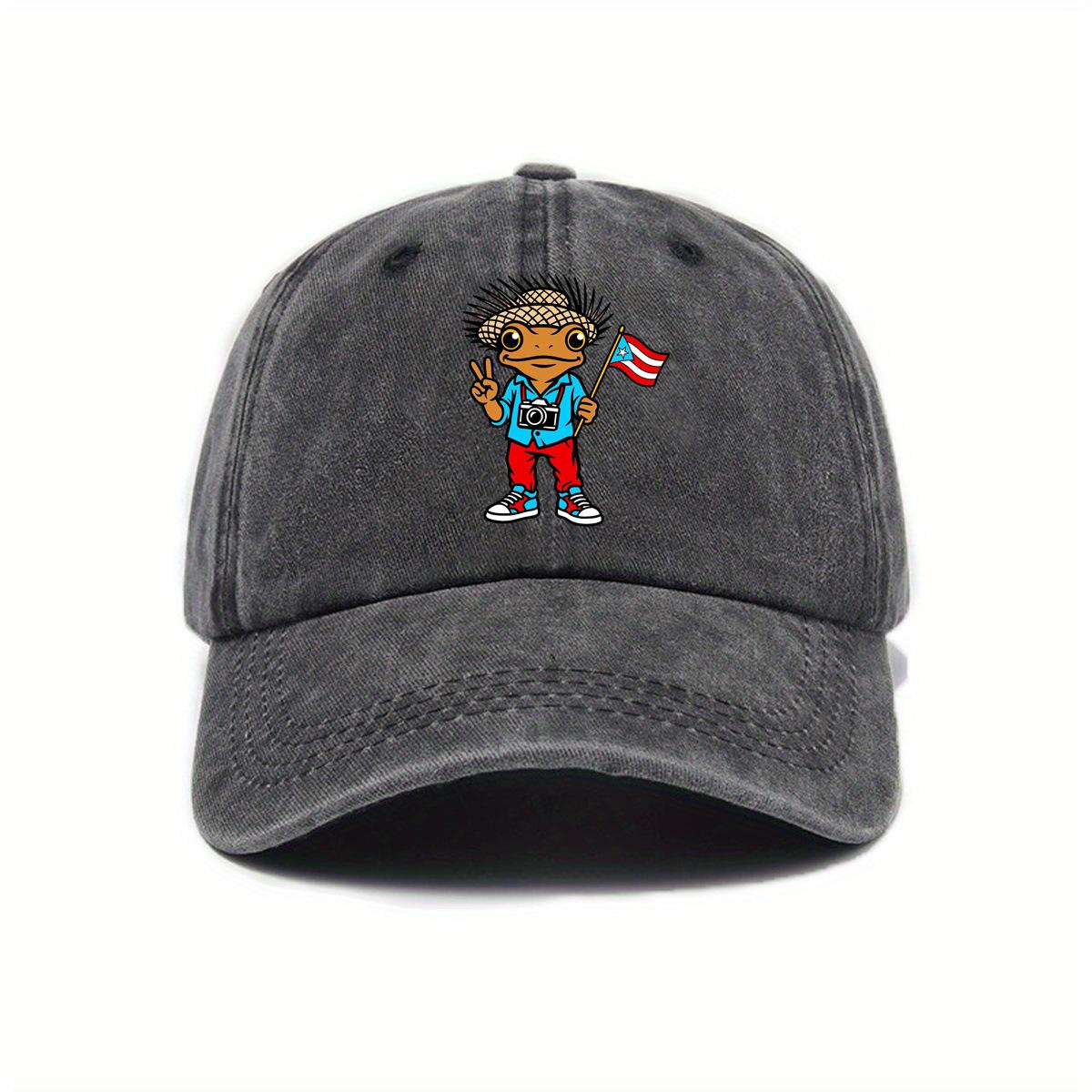 Western Washed Distressed Printed Baseball Cap Washed Baseball Cap WomenS Puerto Rican Frog Spring Summer Fashion Curved Brim O 1pc