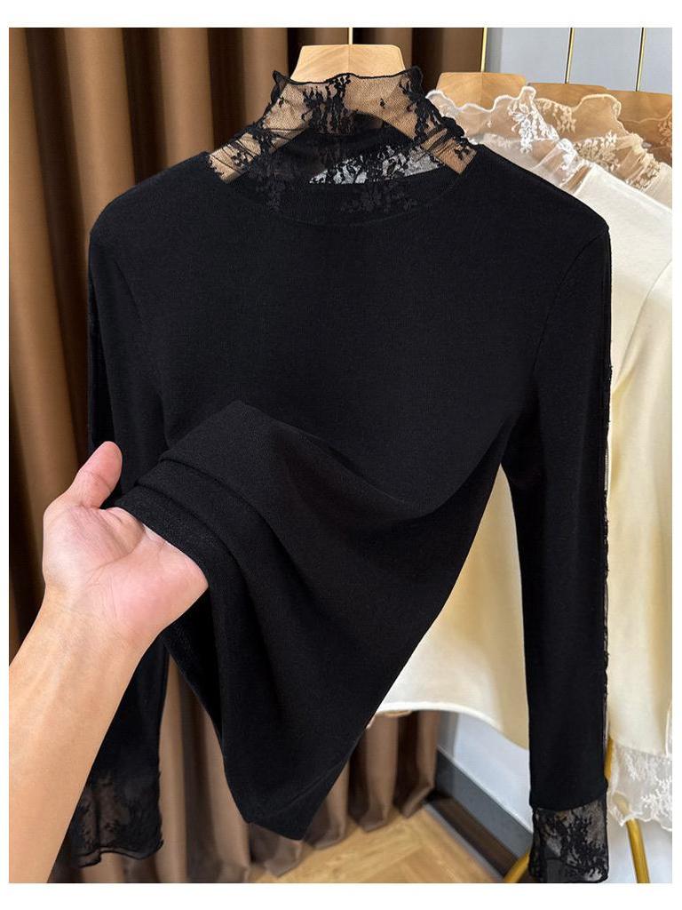 Women's Slim-Fit Brushed Lace Turtleneck Base Layer - Warm Autumn/Winter Inner Shirt