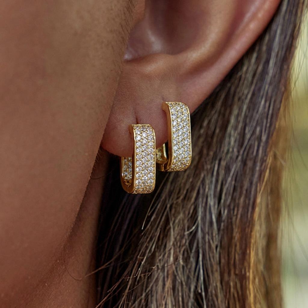Luxury Full Paved Rhinestone Hoop Earrings for Women Stainless Steel Hollow Geometric Earrings Wedding Party Fashion Jewelry