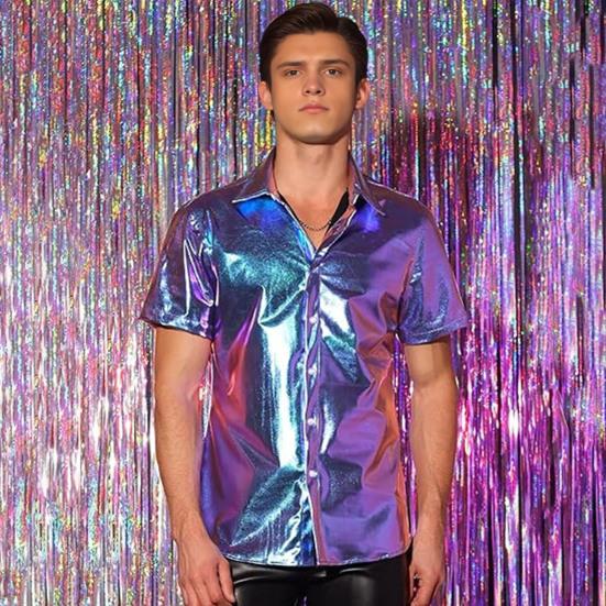 Pánská lesklá metalická košile s krátkým rukávem s klopou, zapínací na knoflíky, třpytivý disco outfit pro pódiové vystoupení, noční klub, taneční párty, bar