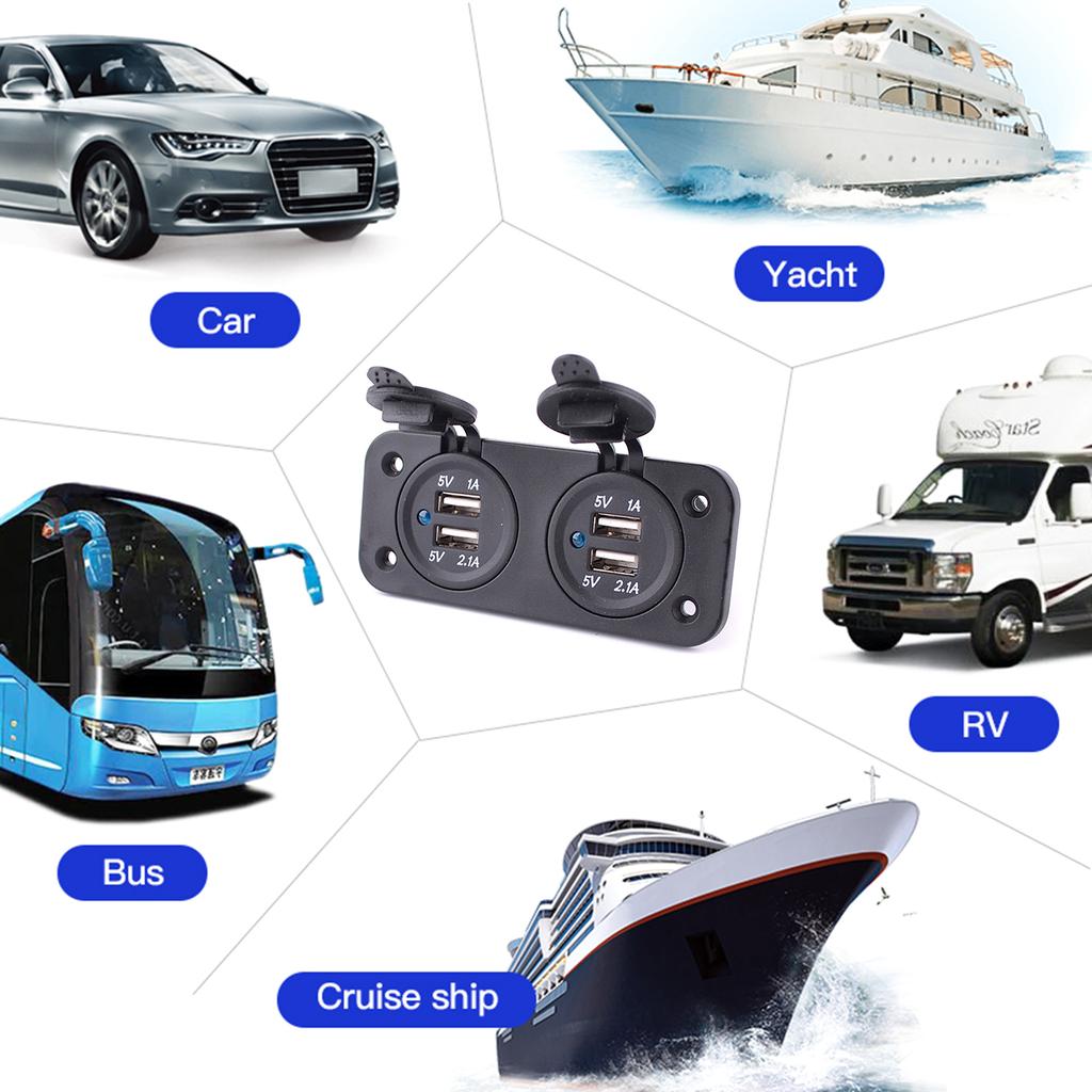 Four USB Car Charger Socket 12/ Phone Charge Outlet Power Adapter with Cap for Motorbike Boat Marine Truck ATV Camper