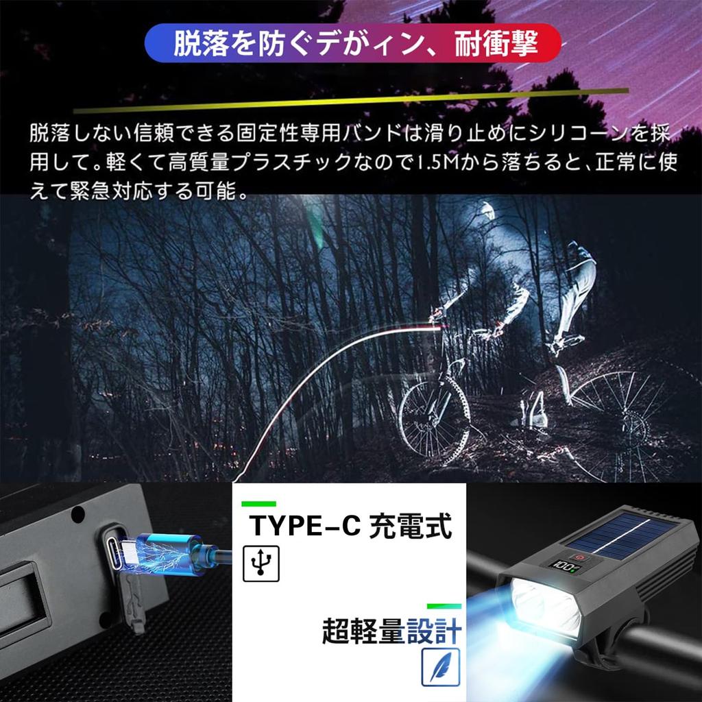 Road Bike PSE LED 3 Dimming Made In Design Solar-powered Light, IPX-5 Waterproof, Certified, Lightweight, Compact, Rechargeable, Headlight, Modes,