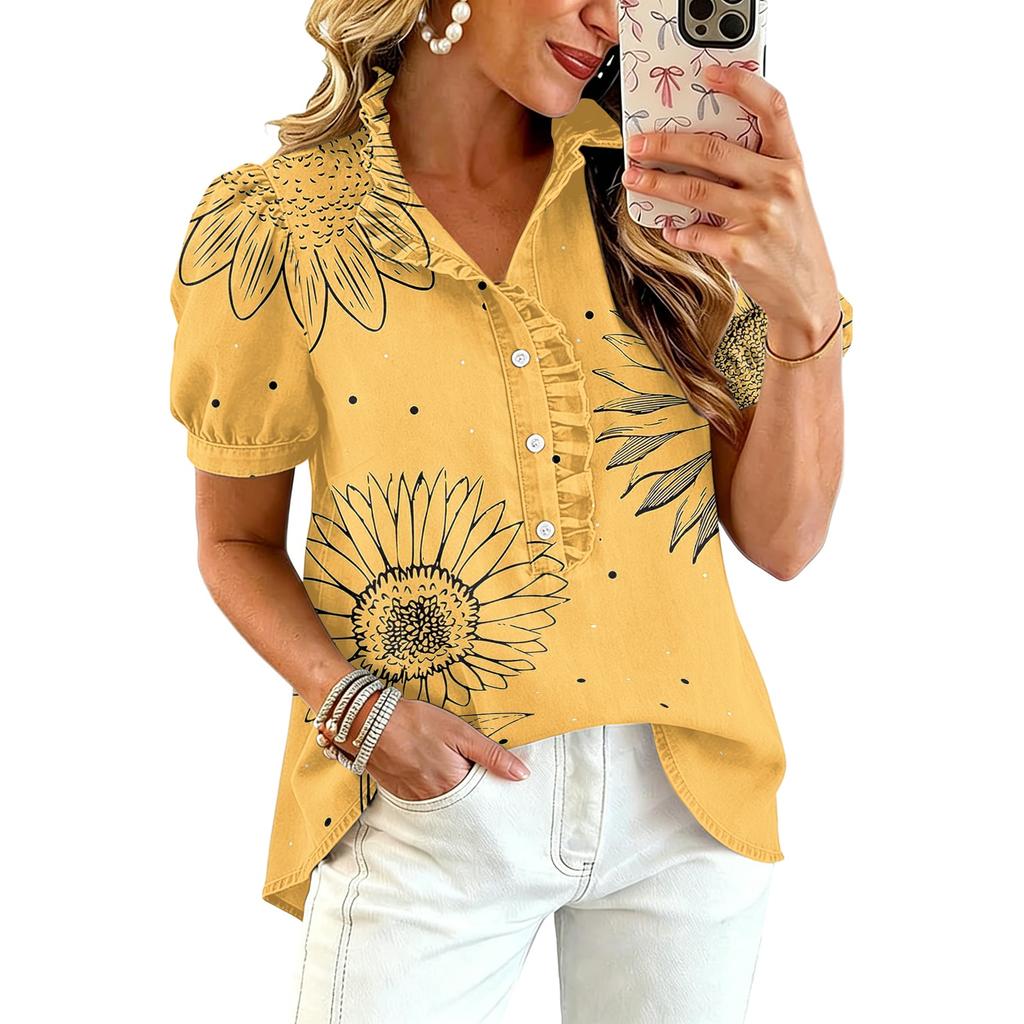 Women's Fashion Casual Ruffle V-Neck Print Blouse for Summer