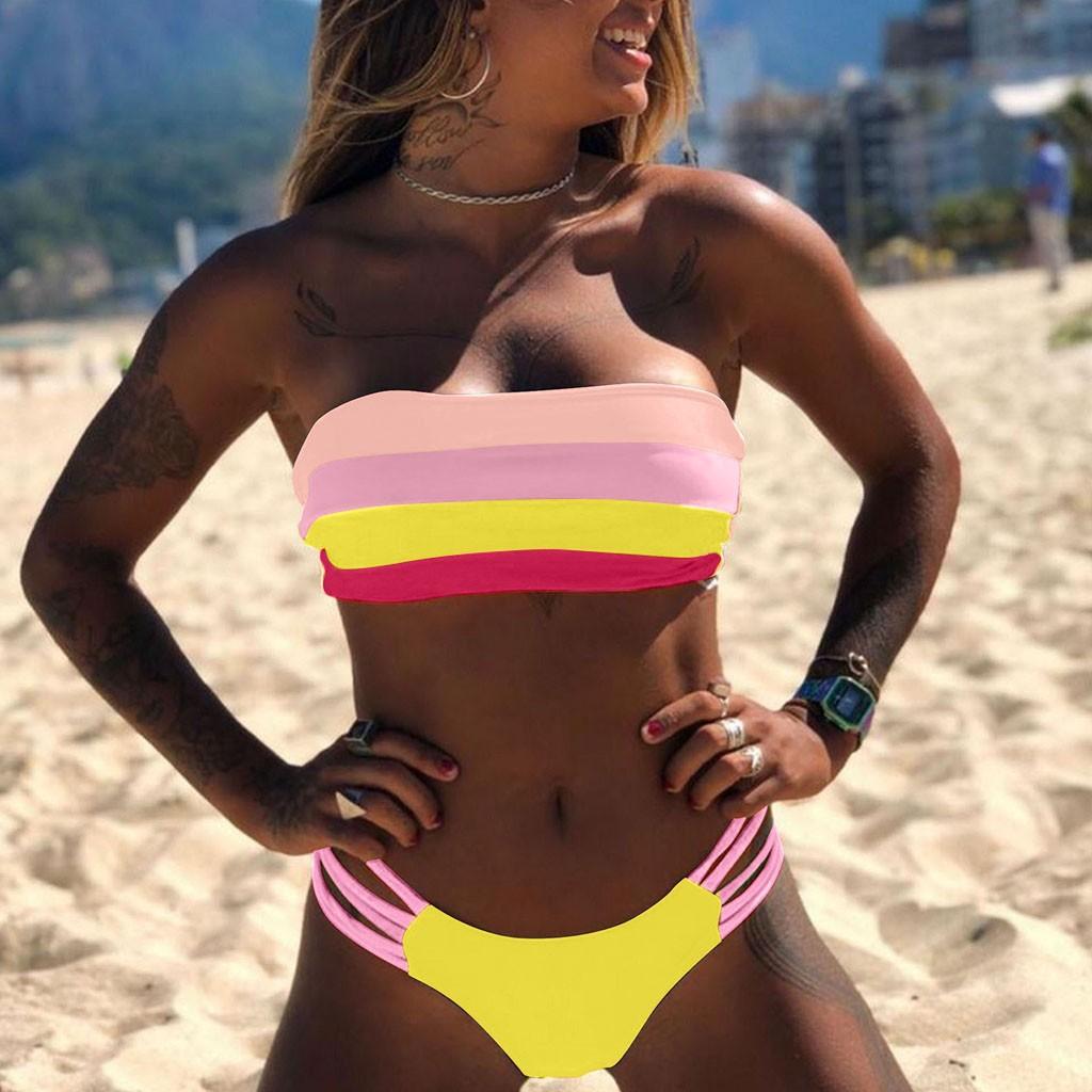 

Women Swimwear Colored Stripes Bikini Set Push-up Padded Bra Bathing Beachwear S рожевий