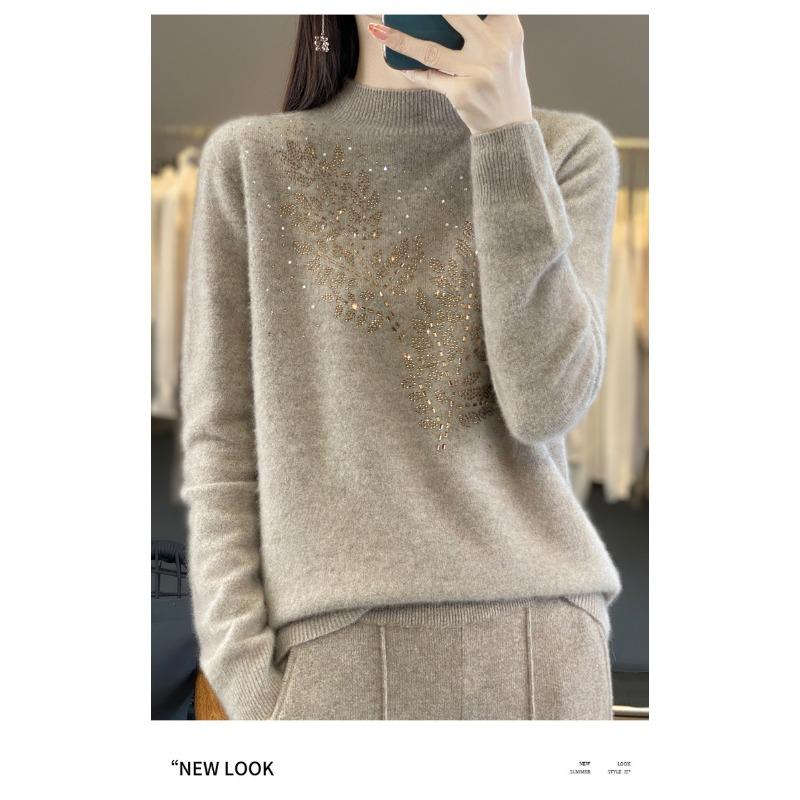Women S Half Turtleneck Rhinestone Knitted Sweater Long Sleeve Base Layer