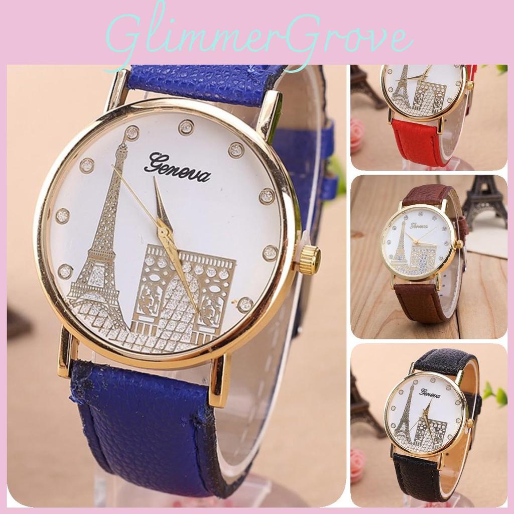 Elegant European Style Geneva Eiffel Tower Water Crystal Quartz Watch With Pu Strap