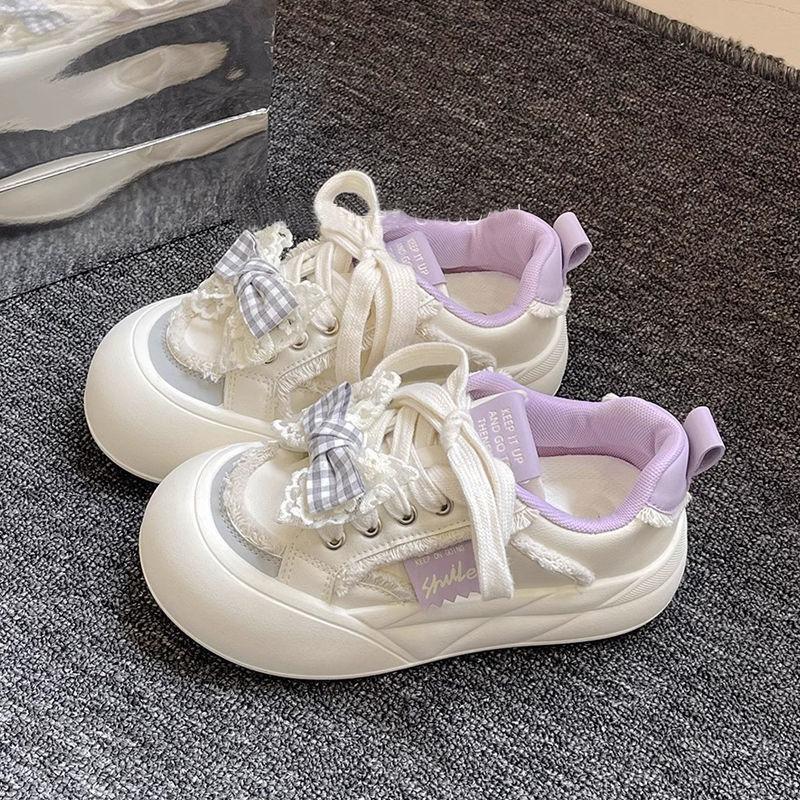 Milk Huhu thick-soled bow bread shoes women's spring and autumn new little white shoes versatile niche casual board shoes tide