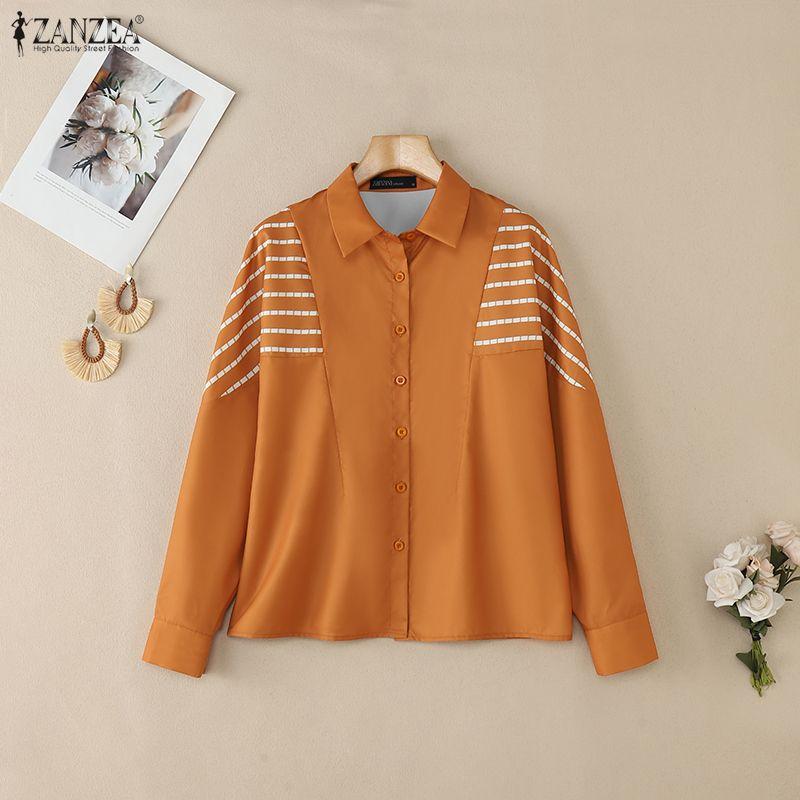 ZANZEA Camicetta casual da donna con colletto rovesciato e maniche lunghe larghe