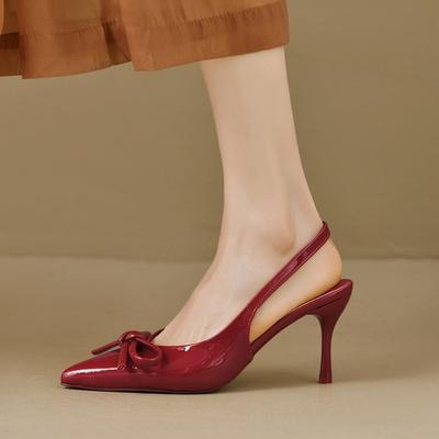 Burgundy One-word High-heeled Shoes, Bow New Models, Beautiful Outer Wear, Pointed Thin Heels, Bag Head Sandals Women