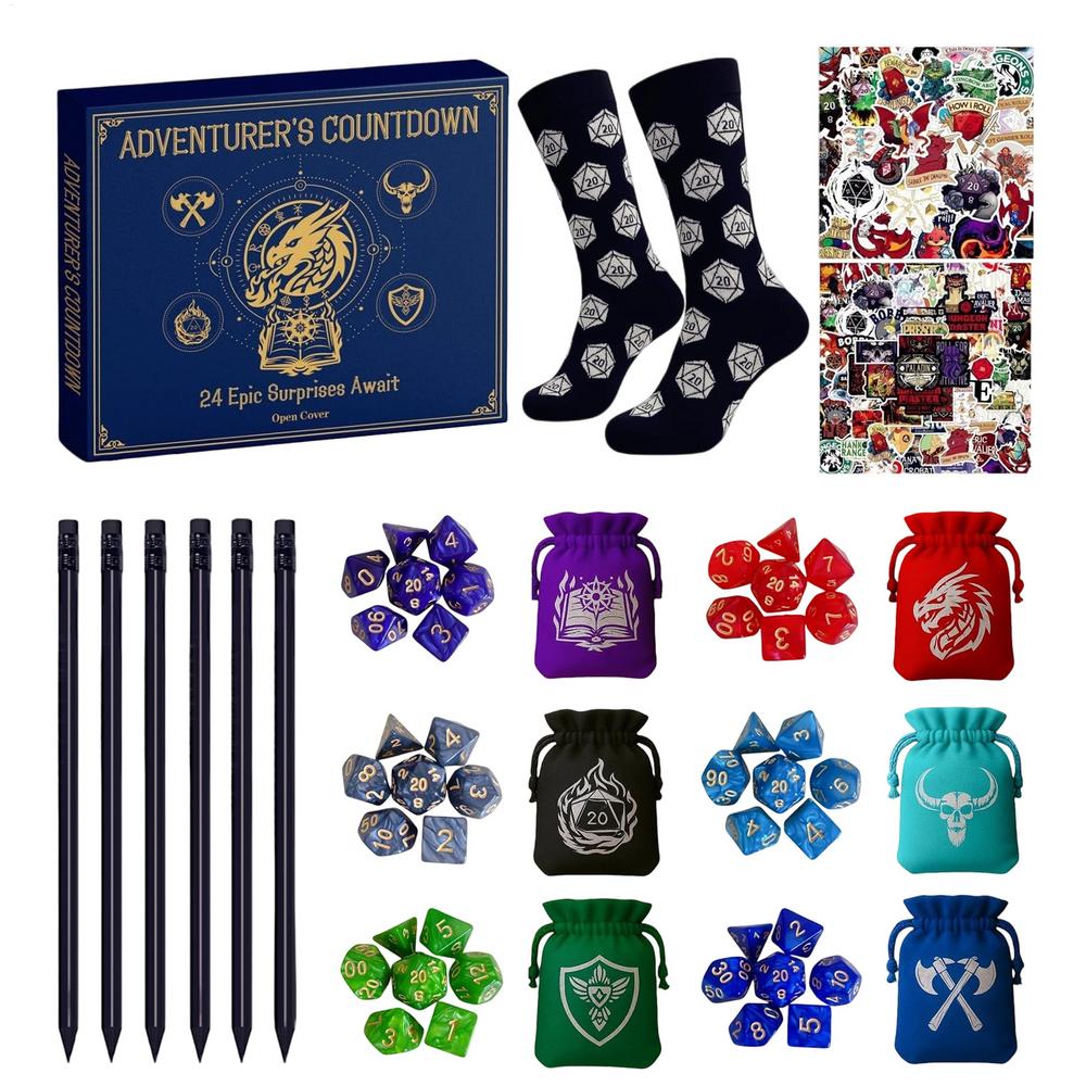 

Christmas Advent Calendar with Polyhedral Dice Pouches Necklaces Stickers Socks Funny Christmas Gifts for board game lovers A