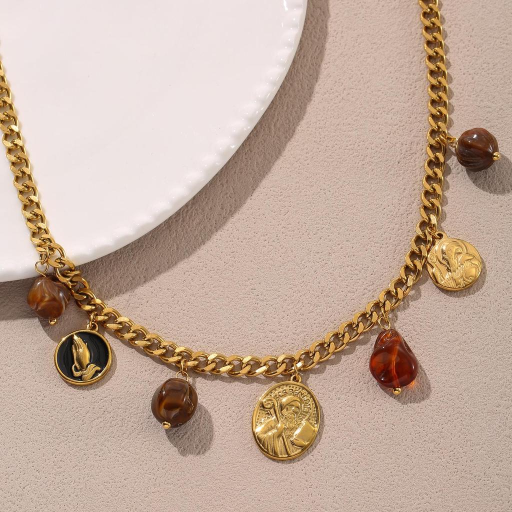Embossed Saint Icon Pendant with Prayer Charm & Resin Beads On Cuban Chain - Aged Stainless Steel Retro Accessory